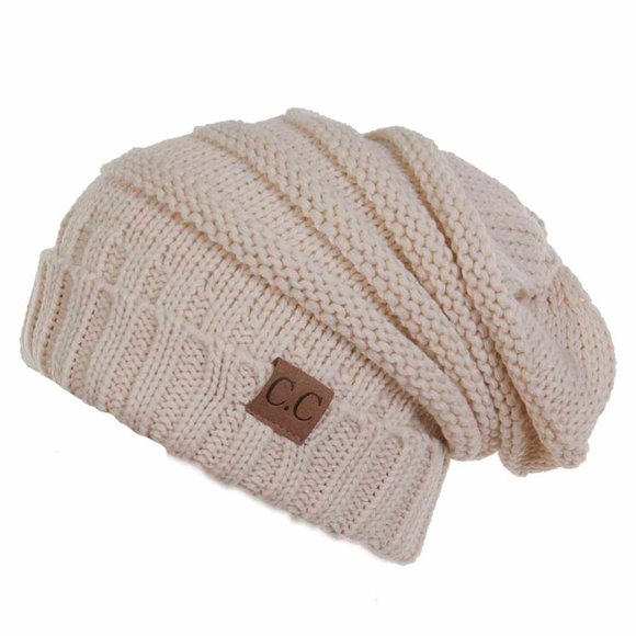 C.C Warm Oversize Knit Solid Beanie-New Beige - Picture 1 of 1